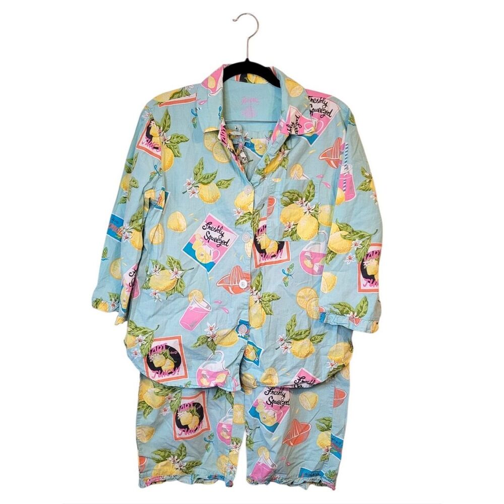 Nick & Nora Pastel Blue Lemon & Pink Beverage Cotton Pajama Set
